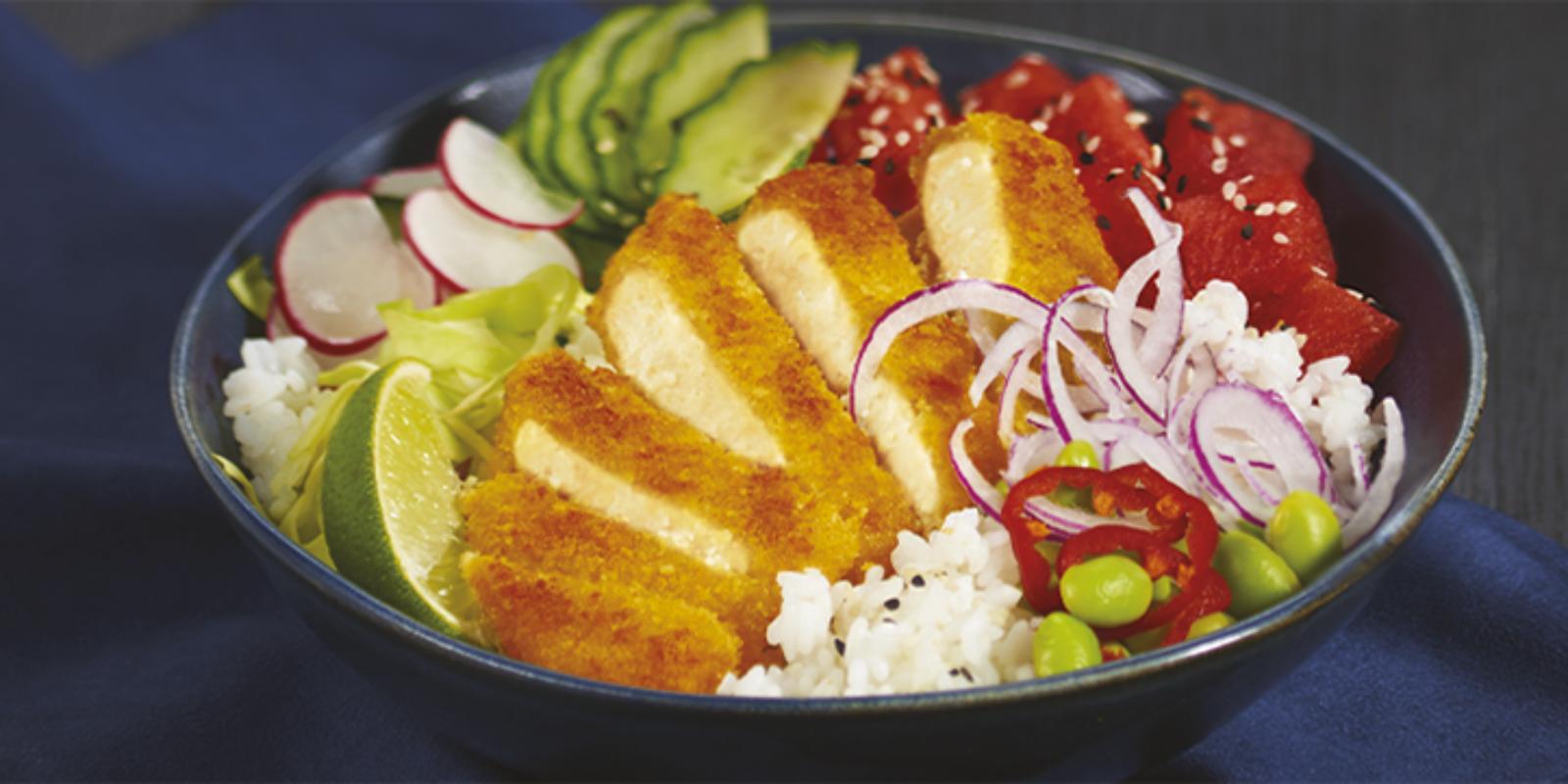 Poke bowl, escalope panée