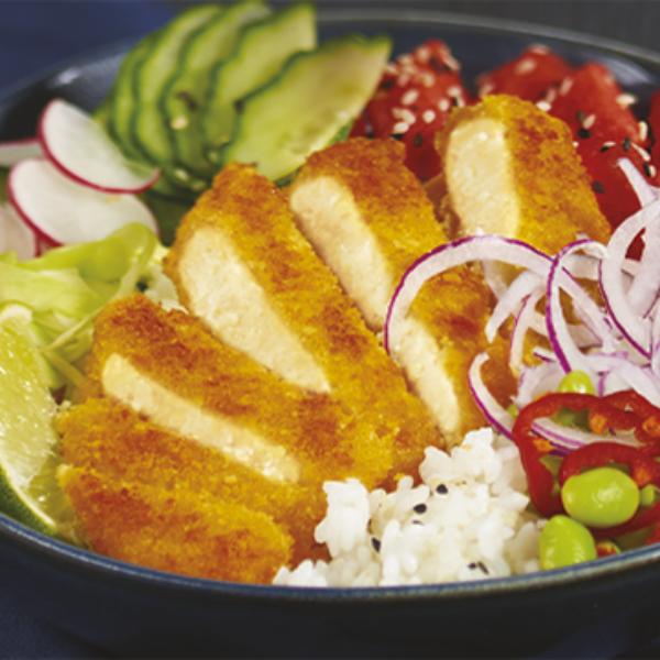 Poke bowl, escalope panée